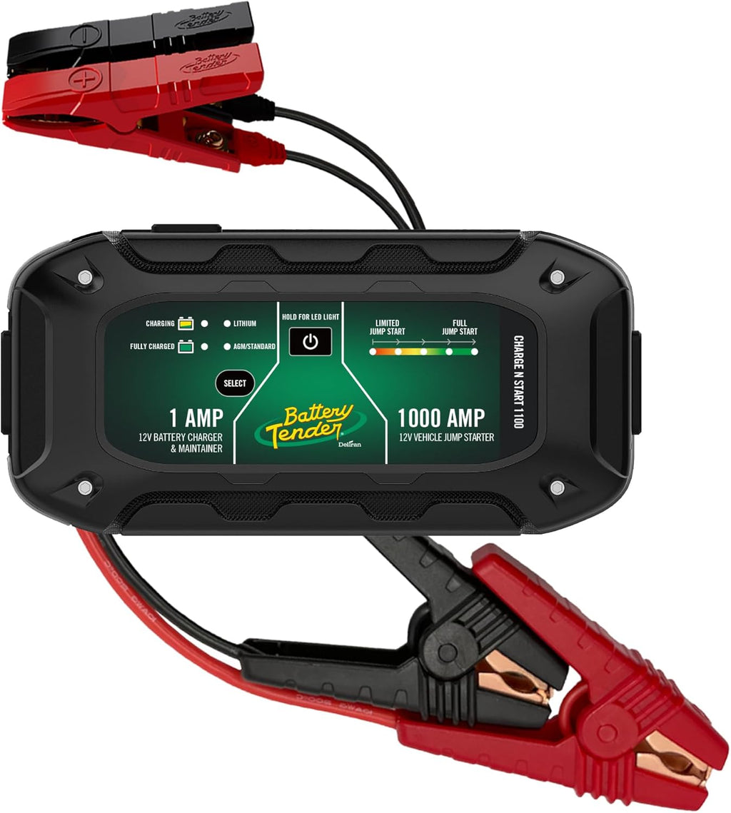 Battery Tender Charge N Start 1100 - Smart 12V/1 AMP Battery Charger and 1000 AMP Jump Starter Combo | 2-in-1 Battery Maintainer for Cars, Motorcycles, ATVs (USA Engineered)