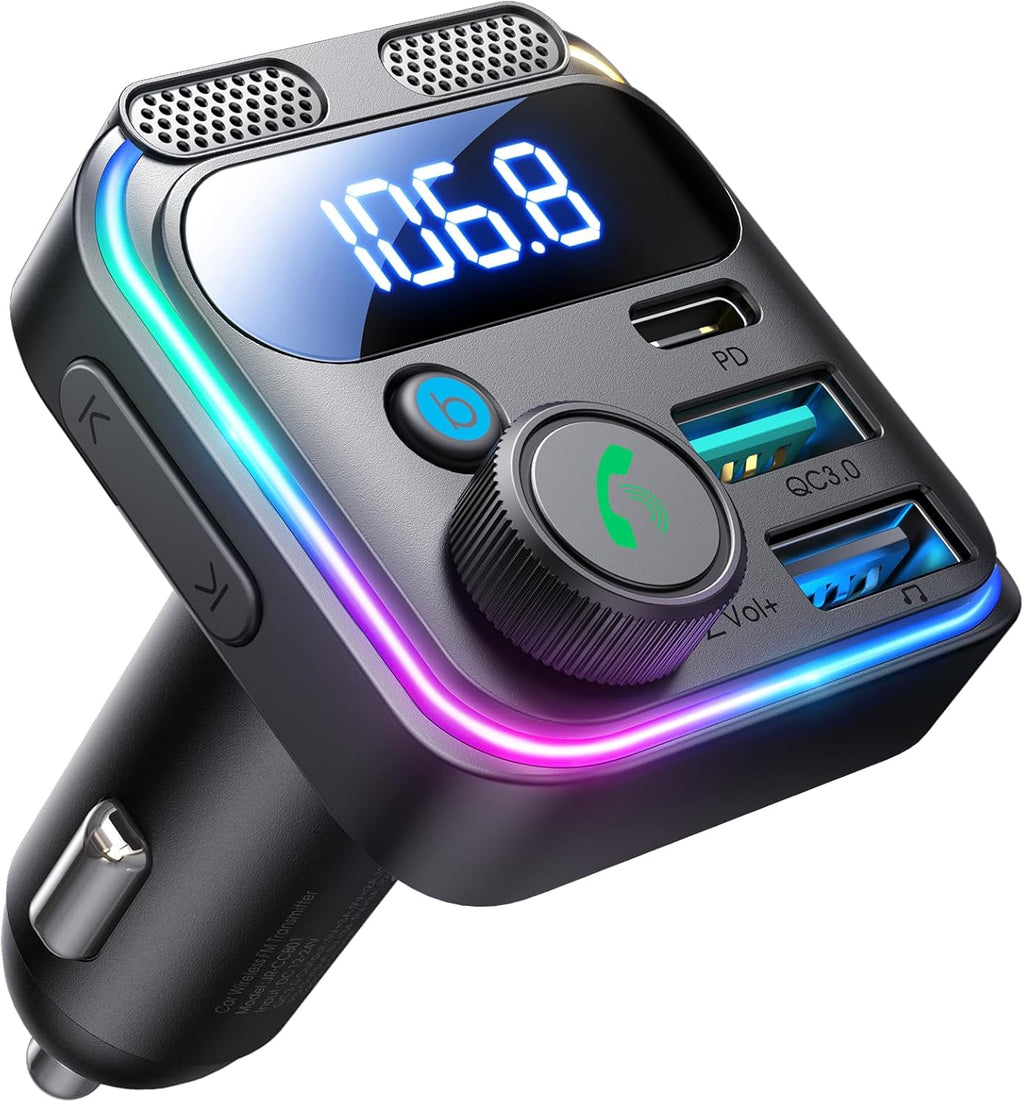 JOYROOM 81W Bluetooth 5.4 FM Transmitter Car Adapter PD & QC 3.0 USB C Car Charger Cigarette Lighter Adapter Hands-Free Calling Radio Support USB Drive [Stronger Dual Mics & HiFi Deep Bass Sound]