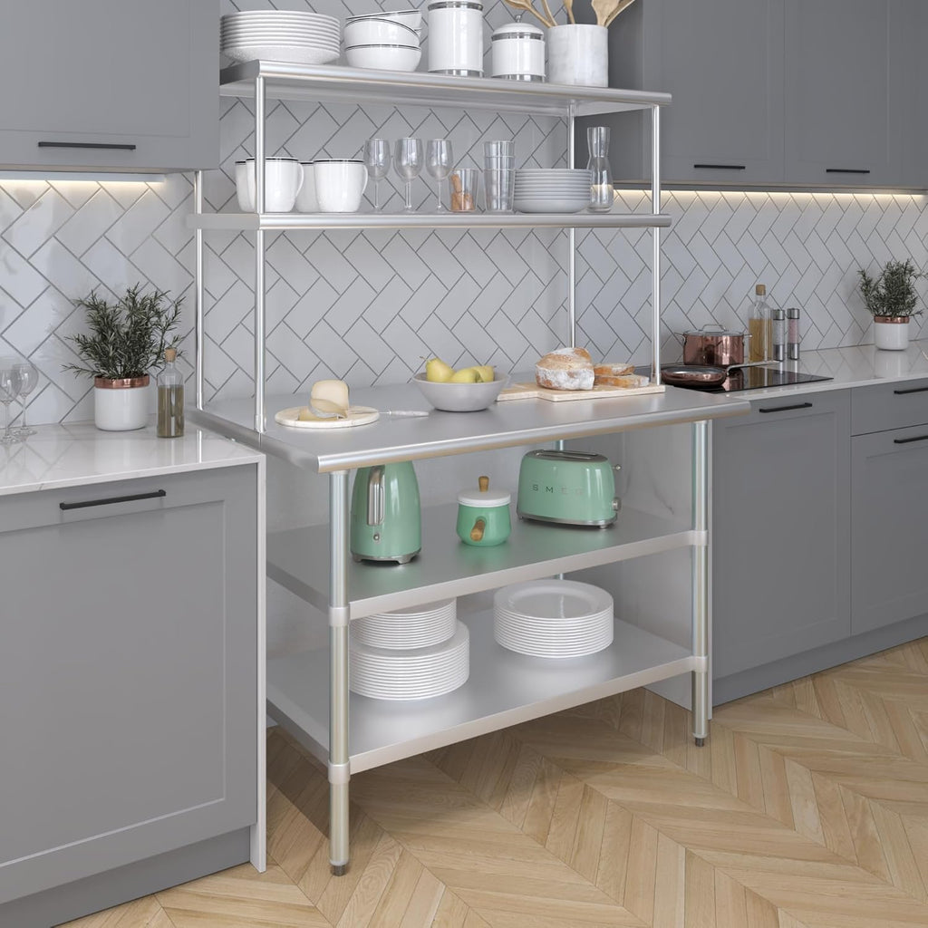 Amgood Stainless Steel Work Table with 2 Shelves | Metal Kitchen Prep Table & Shelving Combo (30" x 48" Table with 2 Shelves + 18" Overshelf)