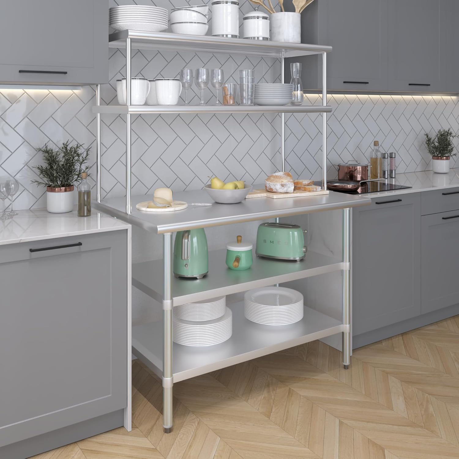 Amgood Stainless Steel Work Table with 2 Shelves | Metal Kitchen Prep Table & Shelving Combo (30" x 48" Table with 2 Shelves + 18" Overshelf)