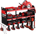 Power Tool Organizer Wall Mount with 6 Drill Holders, Heavy Duty Metal Utility Racks with Large Top Shelf & Side Hooks, Efficient and Organized Storage for Garage, Workshop, Shed, Pegboard