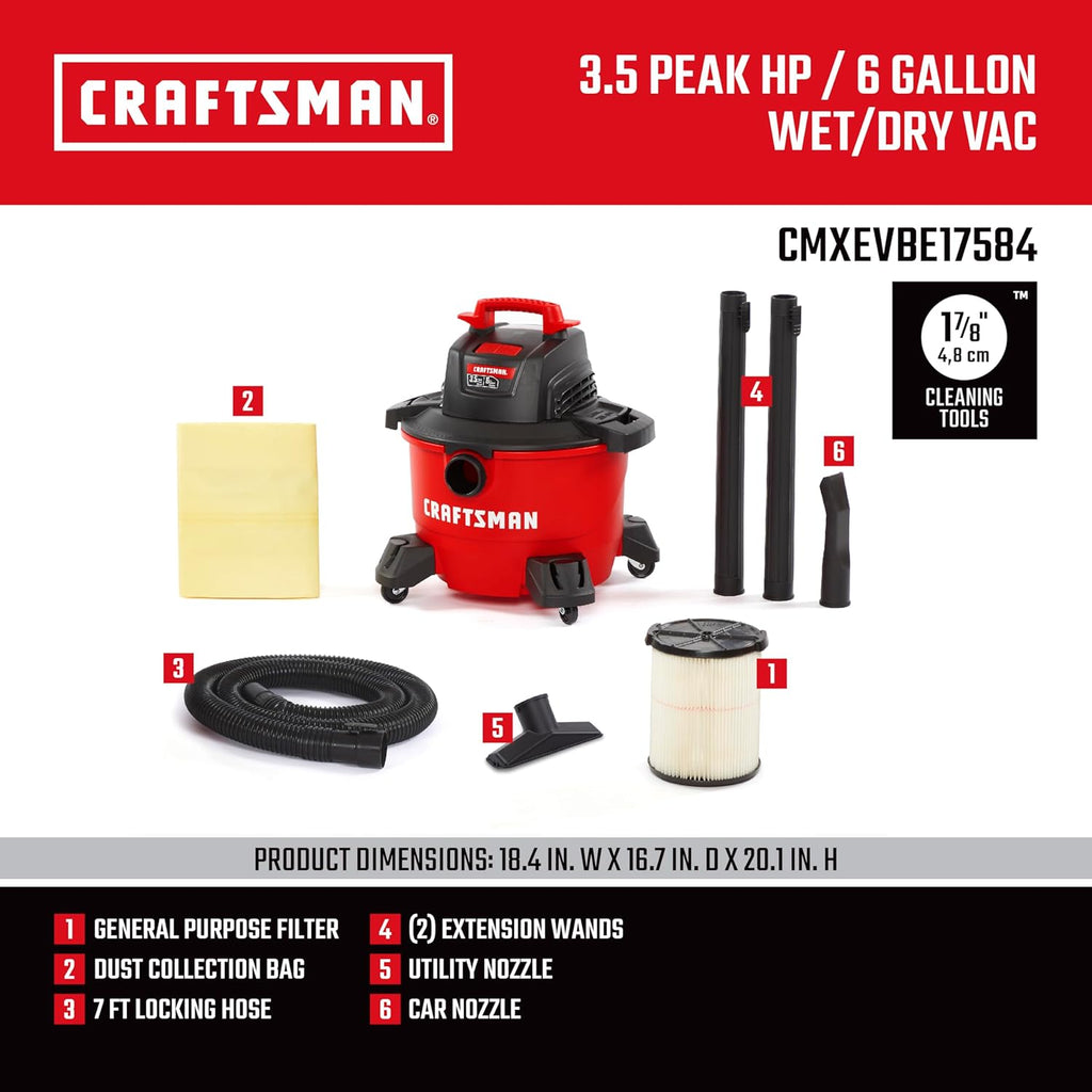 CRAFTSMAN CMXEVBE17584 6 Gallon 3.5 Peak HP Wet Dry Vac, Portable Shop Vacuum Wet and Dry with Filter, Dust Bag, Hose and Attachments for Home, Garage and Automotive Cleaning