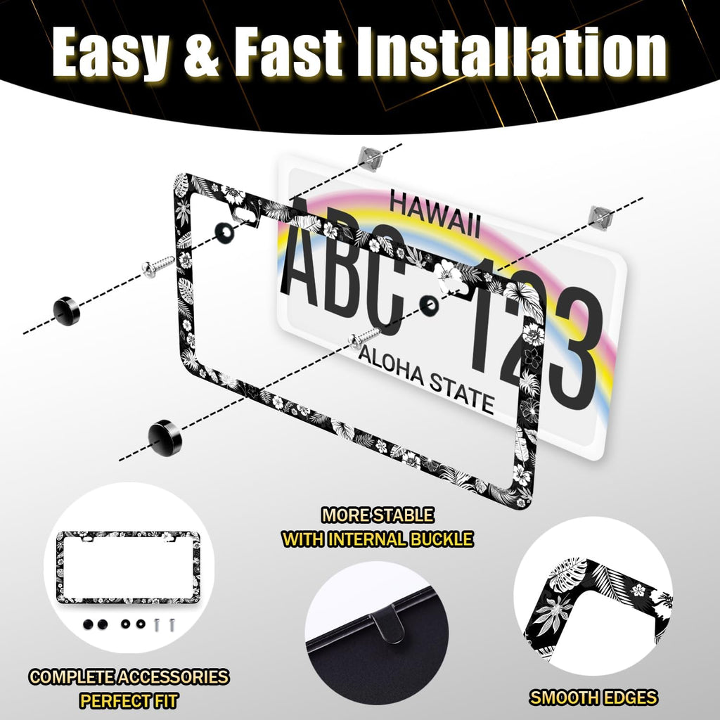 Tropical Flowers Leaves License Plate Frame Hawaiian Hibicus License Plate Holder Stainless Steel Front and Rear Car Tags Auto Parts Colorful License Plate Women Decoration with Screws 12.2" x 6.2"