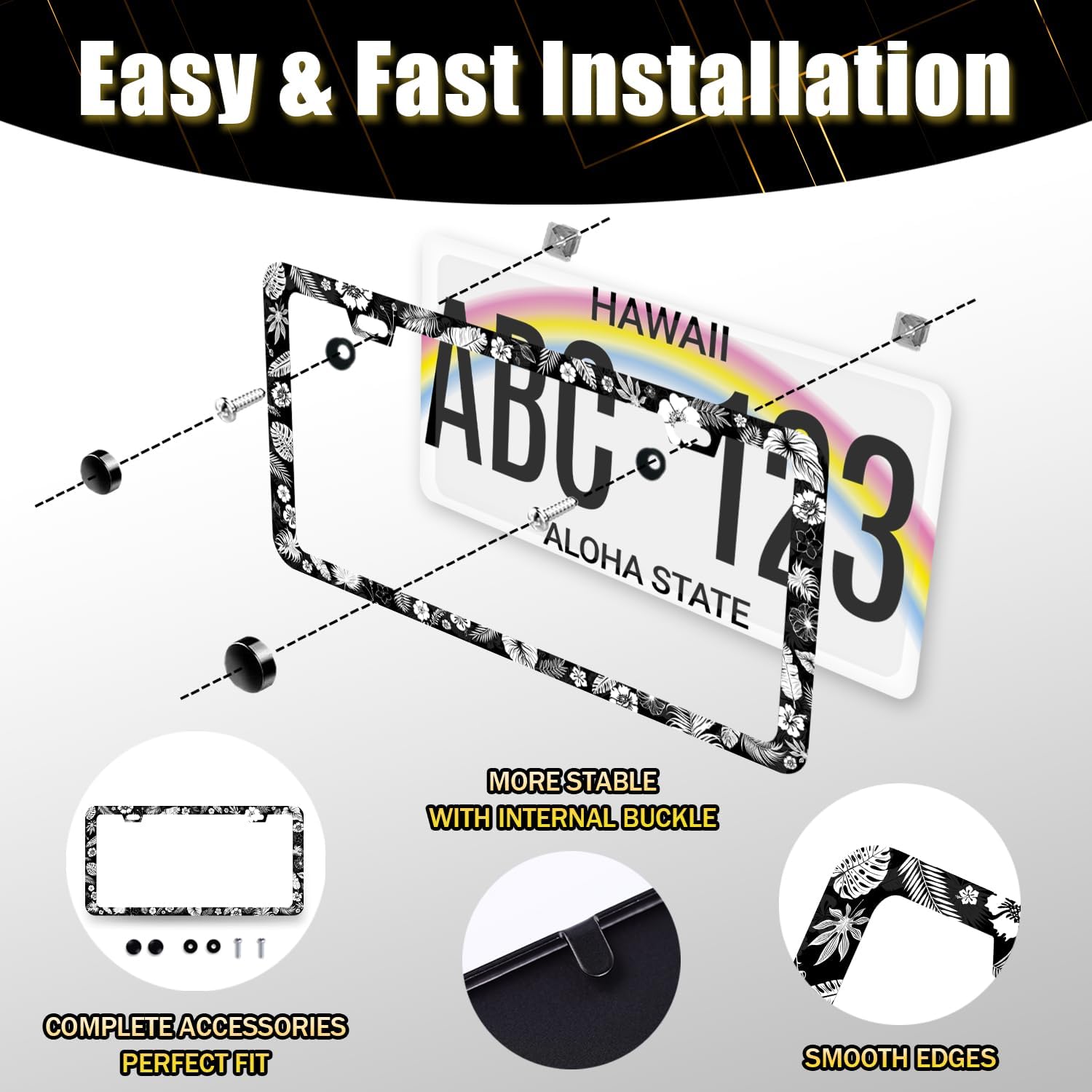 Tropical Flowers Leaves License Plate Frame Hawaiian Hibicus License Plate Holder Stainless Steel Front and Rear Car Tags Auto Parts Colorful License Plate Women Decoration with Screws 12.2" x 6.2"