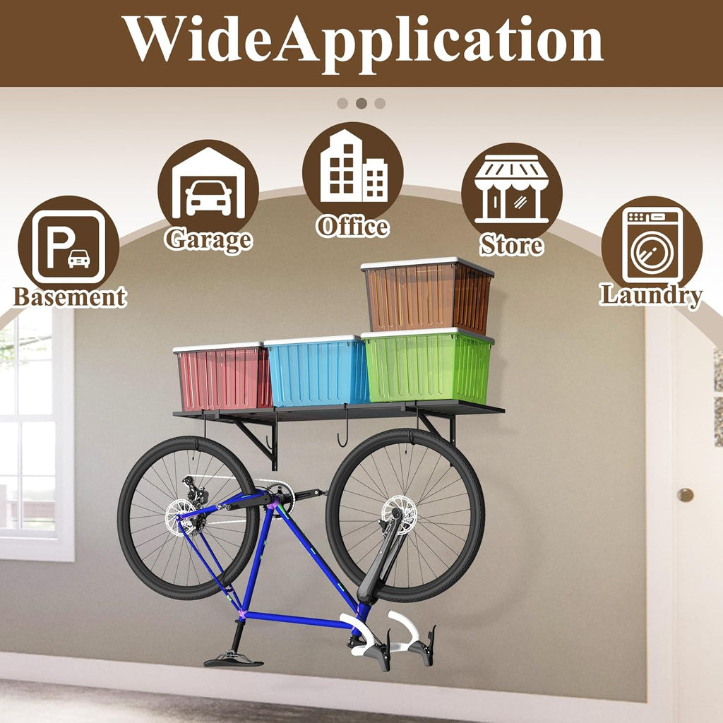 PEKGRIL Garage Wall Shelving Set of 2, 1.5X4 ft Garage Wall Shelves with 8 Hooks, Heavy Duty Wall Mounted Storage Shelf, Loads 260 lbs Each Metal Wall Shelf, Black