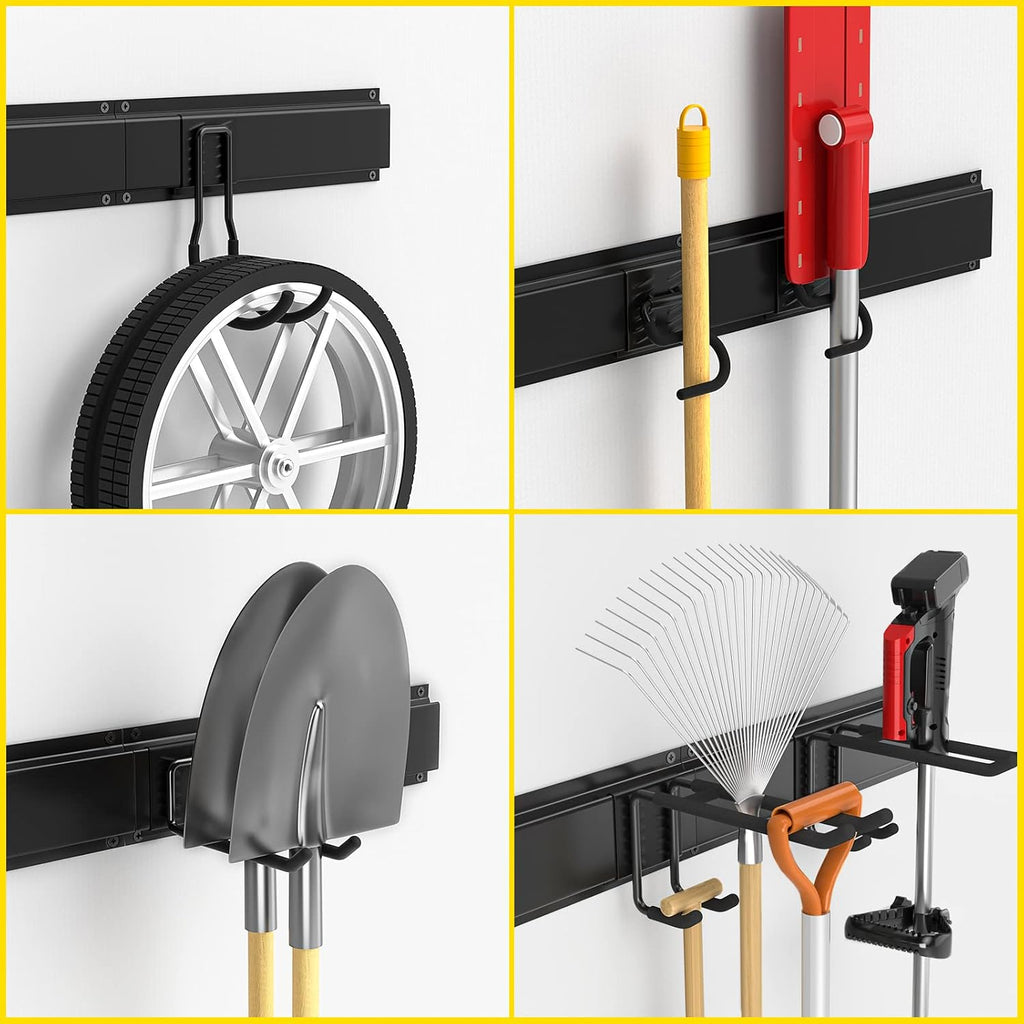 Wall Mount Tool Storage Rack, 15 PCS Heavy Duty Steel Yard Garden Tool Organizer, Garage Tool Organizer Wall Mounted Storage System Hold Up to 550lbs, with 2 Extension Cord