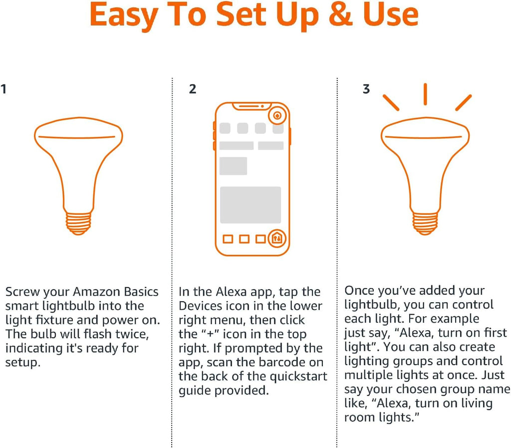 Amazon Basics Smart BR30 LED Light Bulb, Color Changing, 9W (60W Equivalent), 800LM, Works with Alexa Only, 2.4 GHz Wi-Fi, No Hub Required, 4 Pack