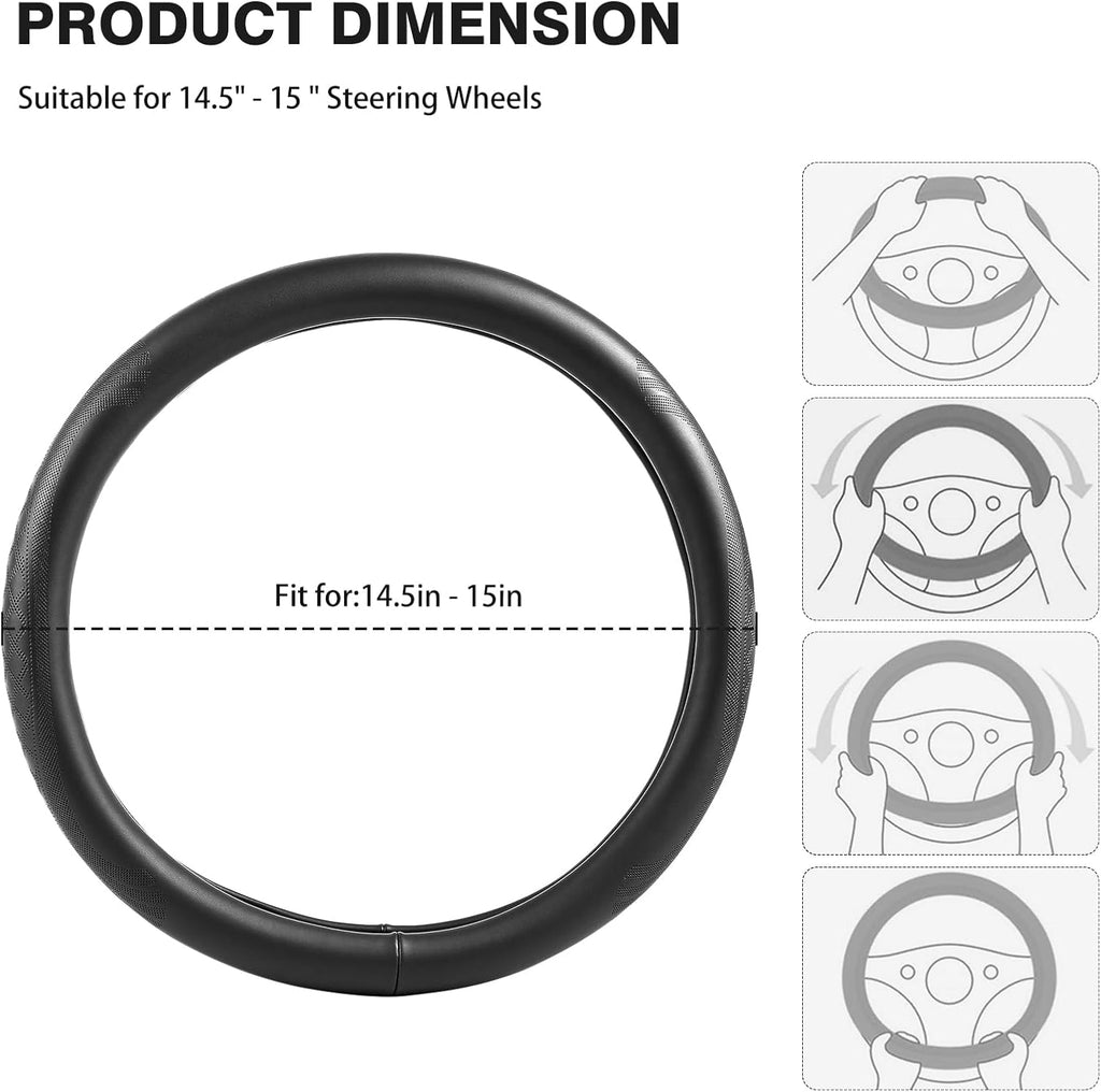 【2025 Model】 High-Grade Real Cowhide Steering Wheel Cover，Black Genuine Leather Steering Wheel Cover for Cars,Universal 15 inch Steering Wheels,Grid & Square Motif