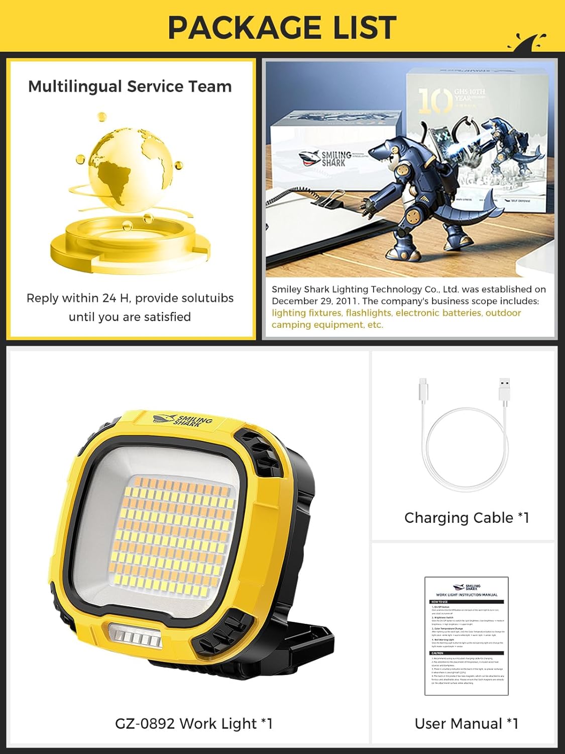 Smiling Shark Working Light, LED Work Light 4000 Lumen 18 Light Mode USB Rechargeable Portable Magnetic Waterproof Drop Resistant Cordless Worklight Job Site Lighting for Garage Repair Camping Outdoor