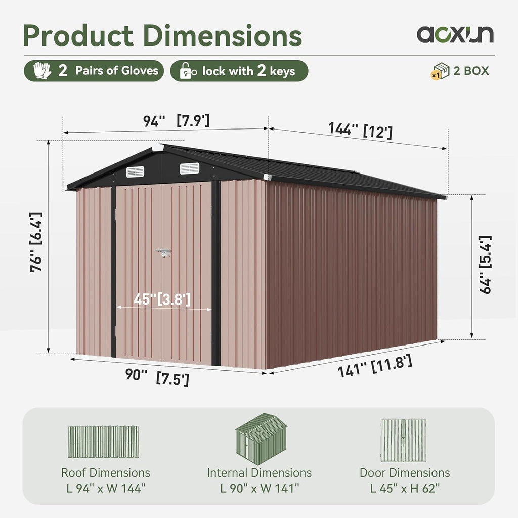 Aoxun 12x7.5 FT Shed Outdoor Storage Shed with Spacious Door Large Sheds with Double Lockable Door Galvanized Metal Shed for Garbage Can, Bike, Mower, Brown