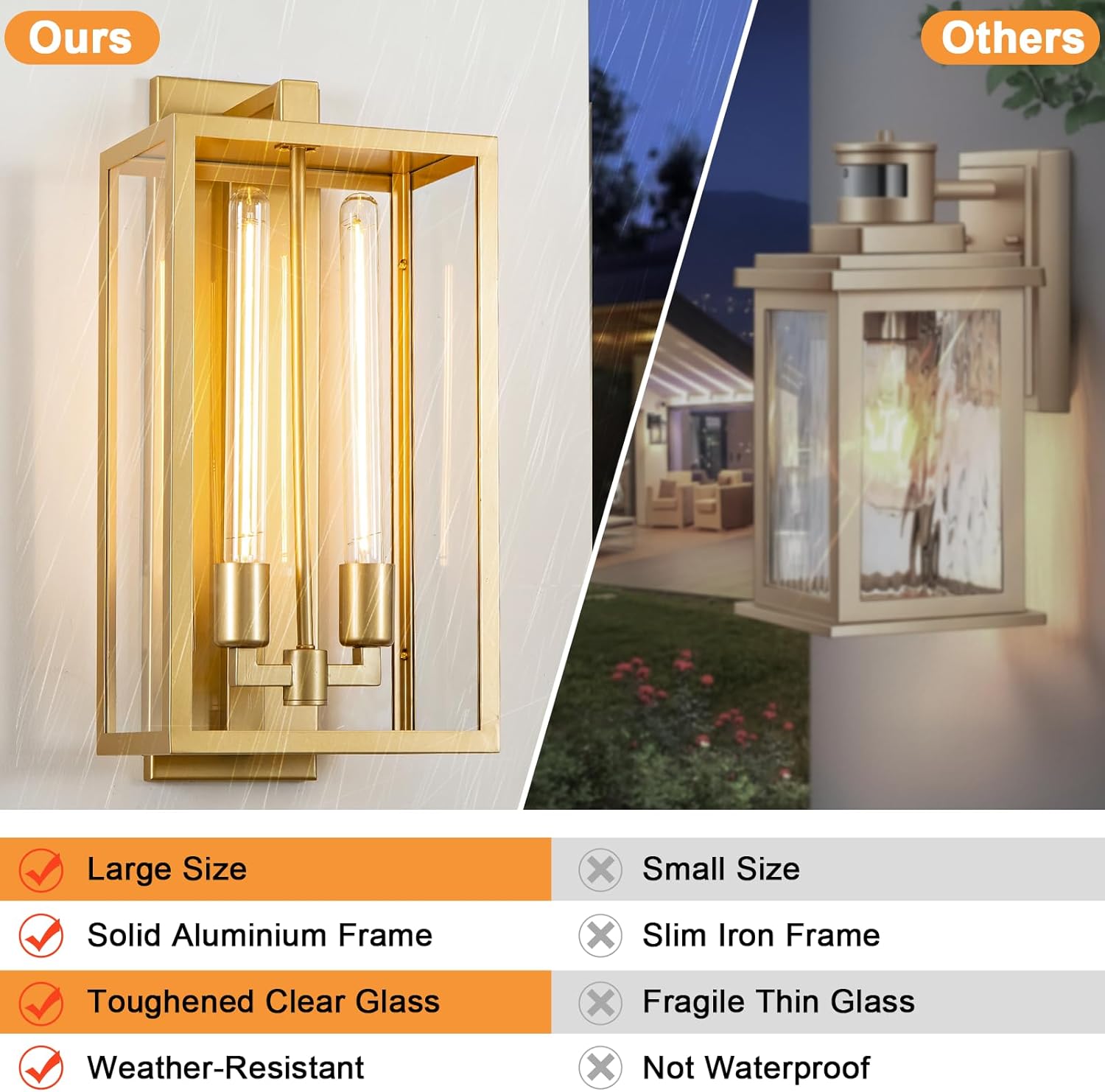 Outdoor Wall Sconce, 21" Large Gold Wall Mount Lamp, Outside Lights Front Porch Light, Waterproof Modern Porch Lighting Exterior Lamp for Front Door, Entryway (Bulbs Included)