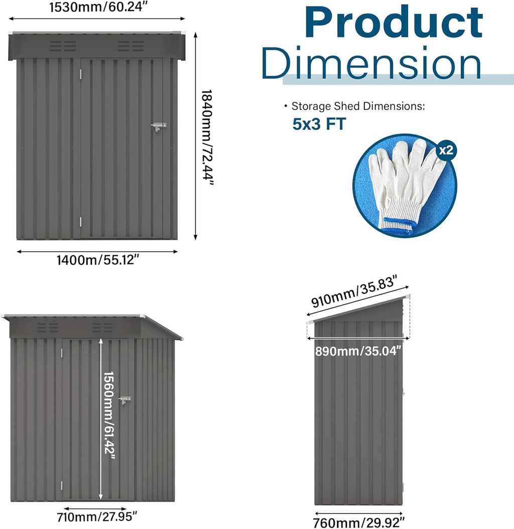 ARMSET 5x3 FT Metal Outdoor Storage Shed for Patio & Balcony - Waterproof Small Shed for Garden Storage, Lockable Vertical Tool Shed Cabinet for Backyard, Bike Parts & Everyday Sundries