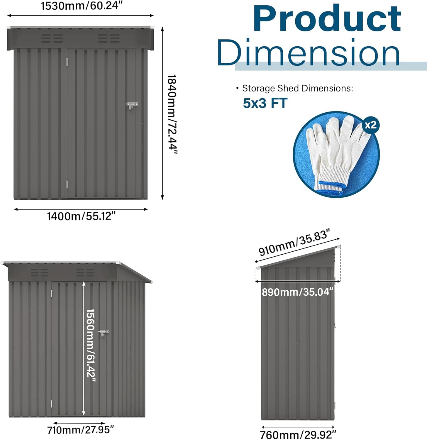 ARMSET 5x3 FT Metal Outdoor Storage Shed for Patio & Balcony - Waterproof Small Shed for Garden Storage, Lockable Vertical Tool Shed Cabinet for Backyard, Bike Parts & Everyday Sundries