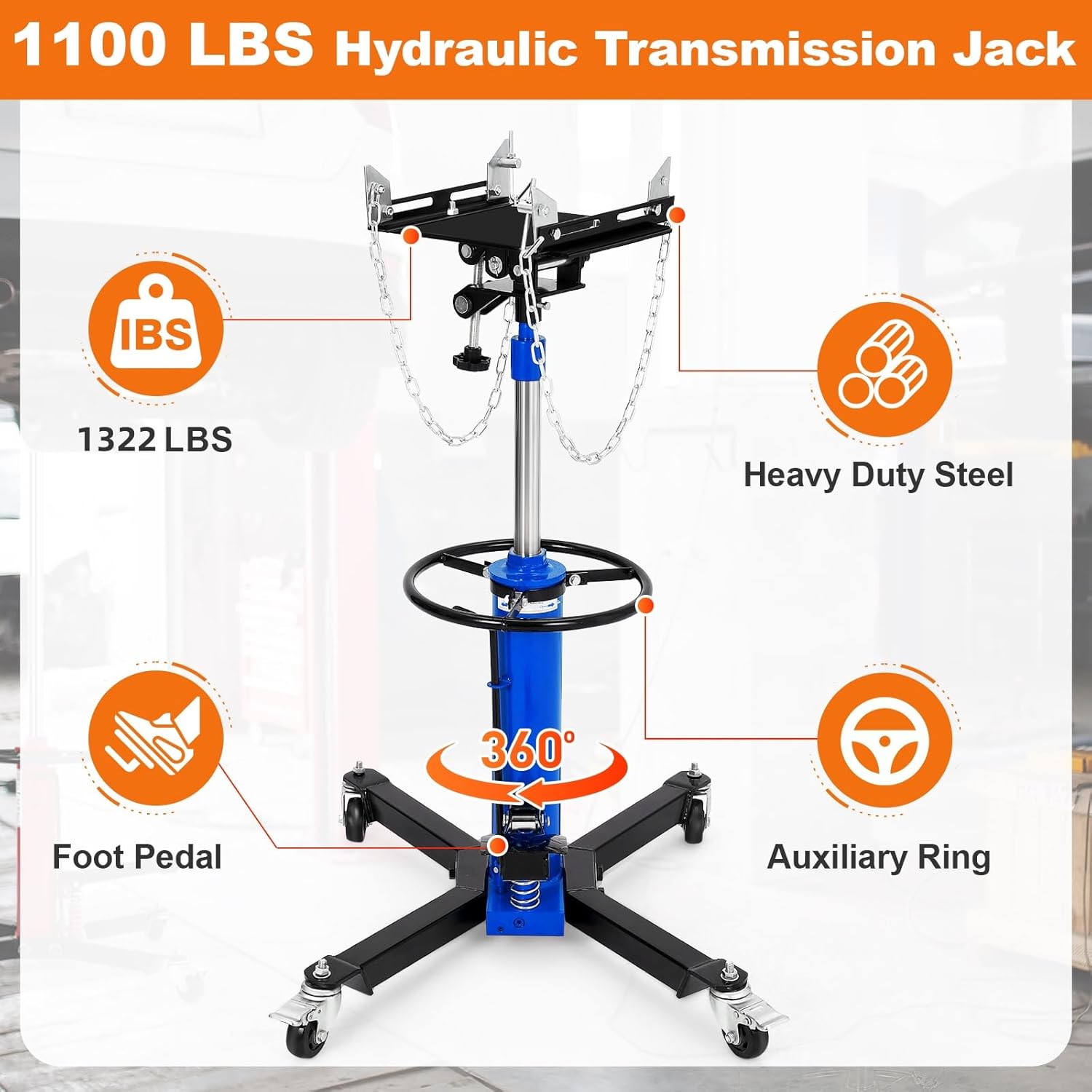 Transmission Jack, 1322lbs (3/5 Ton), 2-Stage Hydraulic Telescopic Jacks, Lifts 34"-68", with Foot Pedal & 360° Swivel Wheels, Ideal for Garage and Car Lifting, Heavy-Duty, Blue