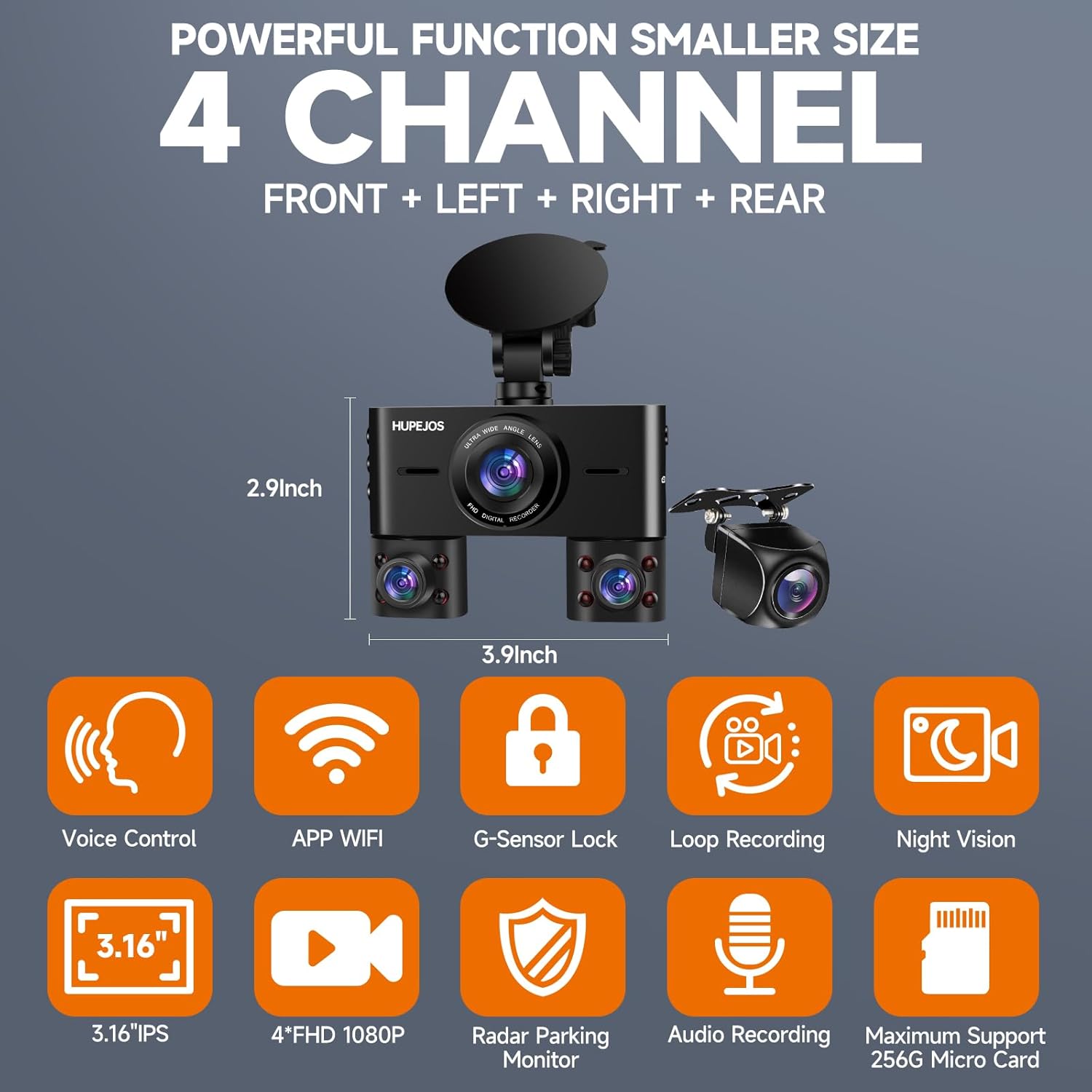 360° Dash Cam Front and Rear Inside, 4 Channel Dash Camera for Cars FHD 1080Px4, Built-in Wi-Fi, 3.16” IPS Screen, WDR Night Vision, Voice Control, Included 64GB Card, 24H Parking Mode