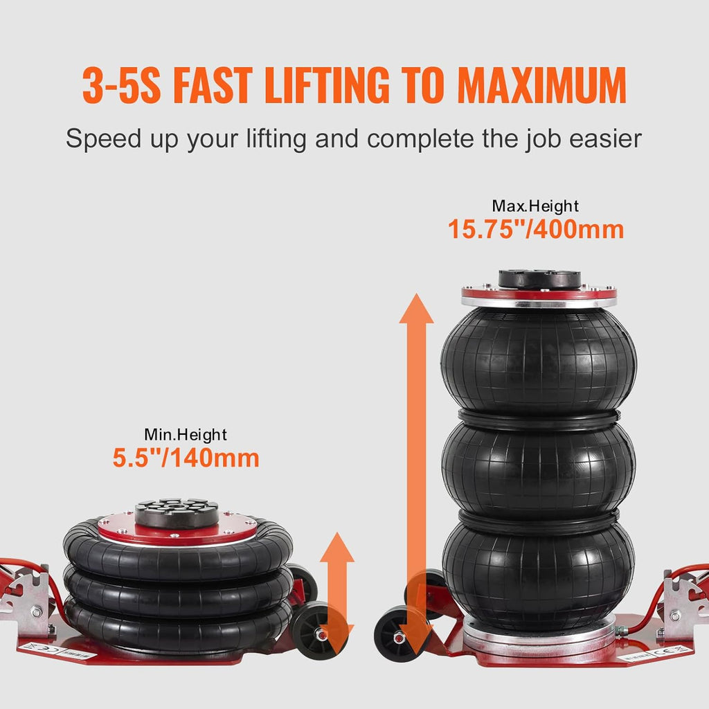 VEVOR Air Jack, 3 Ton/6600 lbs Triple Bag Air Jack, Air Bag Jack Lift Range 5.9"-15.75", Airbag Jack with Adjustable Long Handle, 3-5 S Fast Lifting for Car, Auto Shop, Garage