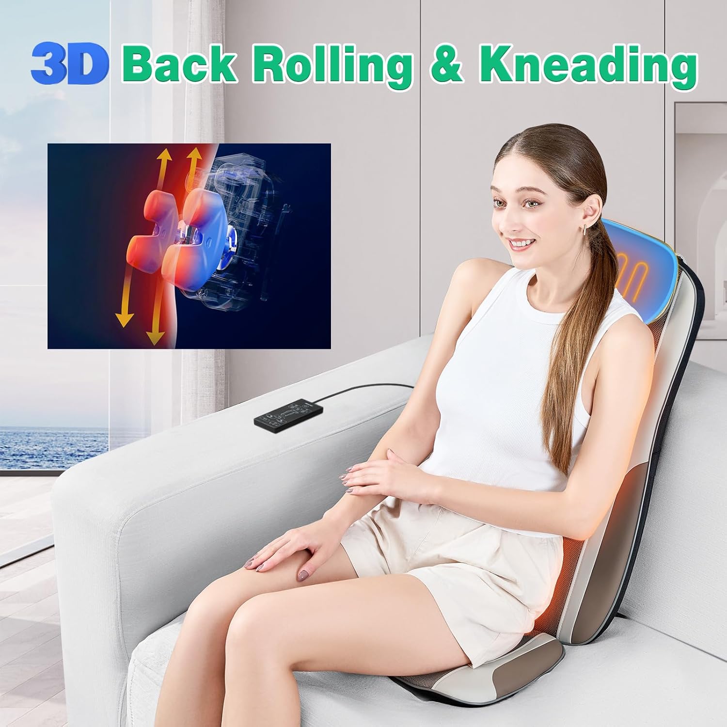 Shiatsu Back Massager with Heat, Massage Chair Pad Seat Cushion for Stress Relief, Deep Tissue Kneading & Roller, 2 Vibration Motors, Back Waist Hip Massager, PU Leather, with 2 Adapters