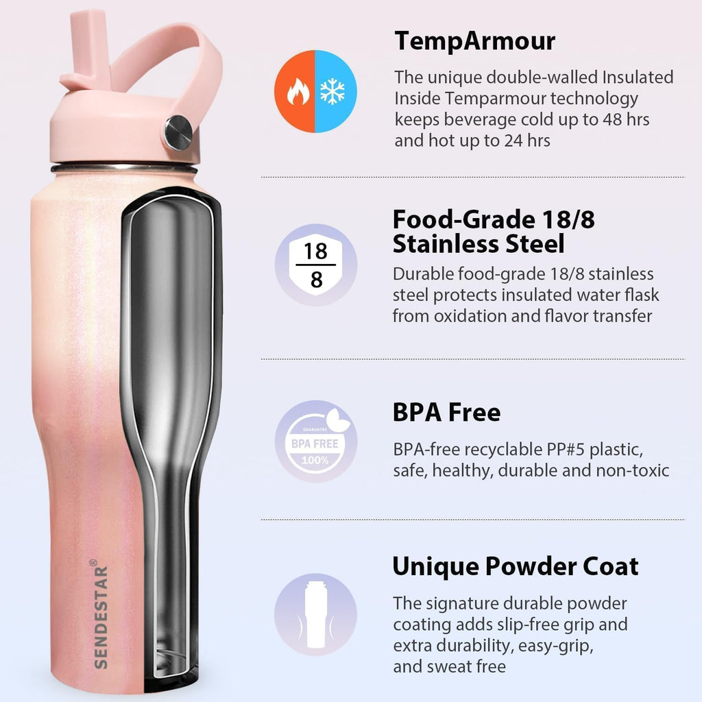 SENDESTAR 32oz Water Bottle Wide Mouth Stainless Steel Vacuum Insulated Double Wall with 2 Straw Lids Fit in Any Car Cup Holder