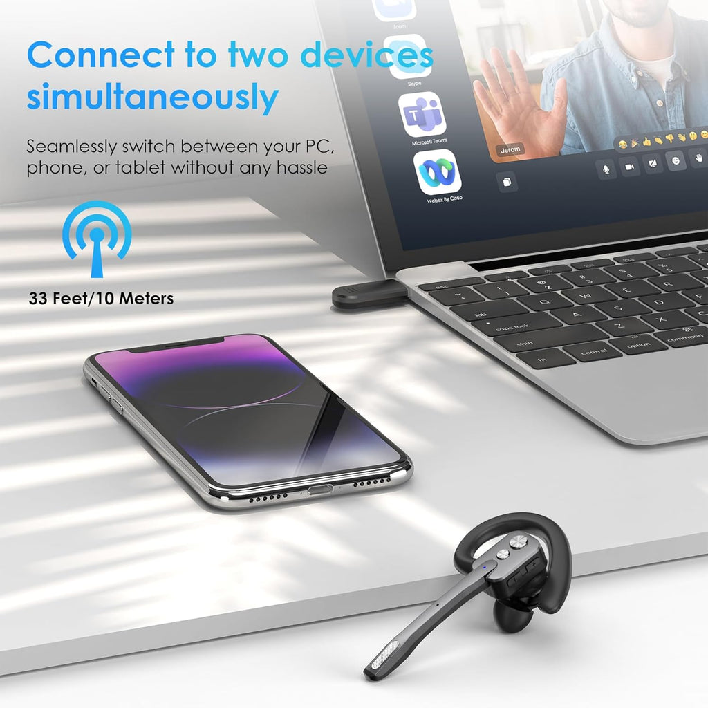 Bluetooth Headset, Wireless Bluetooth Earpiece with Dual-Mic & Noise Canceling, Single Ear Headset with Mute for Business, Remote Work, V5.3 Hand-Free headset for iOS Android Cell Phone (Gray)