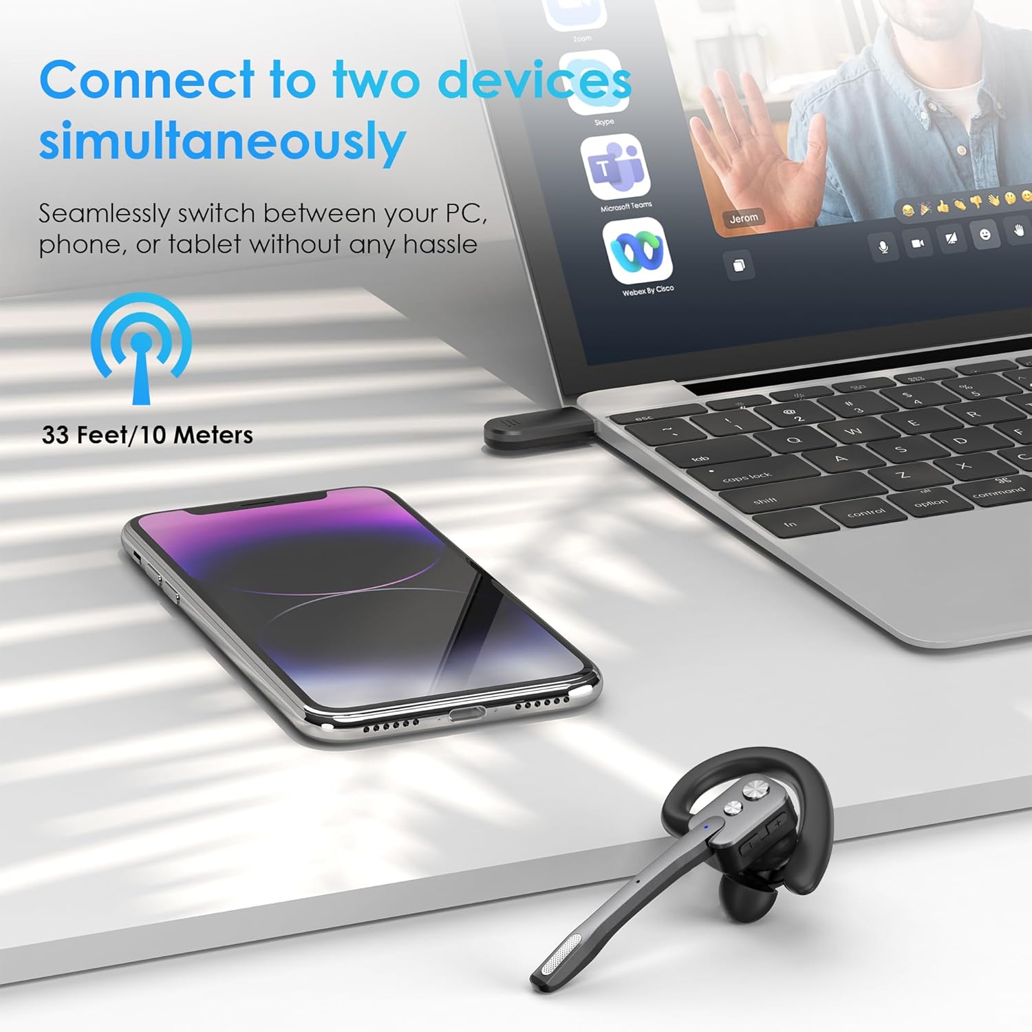 Bluetooth Headset, Wireless Bluetooth Earpiece with Dual-Mic & Noise Canceling, Single Ear Headset with Mute for Business, Remote Work, V5.3 Hand-Free headset for iOS Android Cell Phone (Gray)