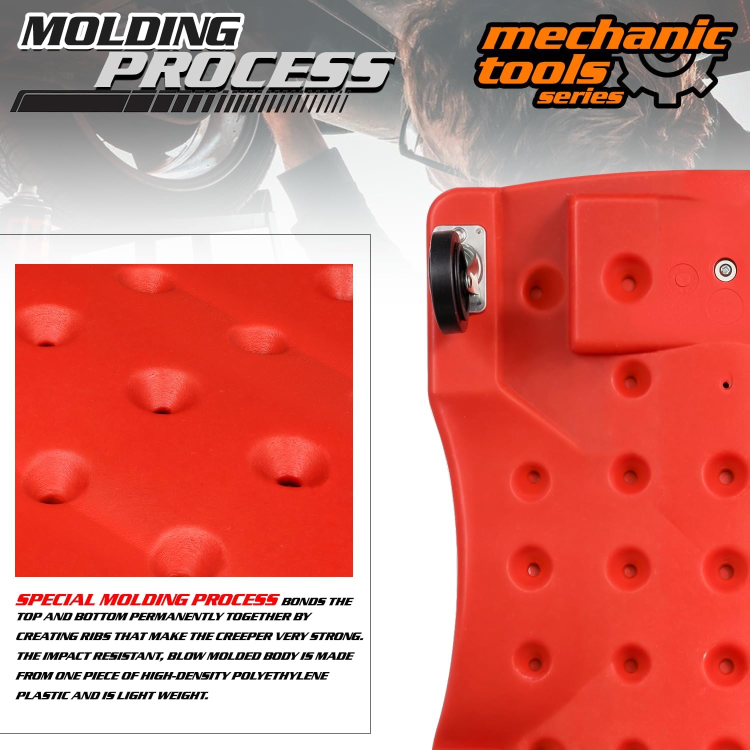 M-AUTO Mechanic Roller Creeper with Padded Headrest, 40" Dual Tool Trays Rolling Creeper for Garage Shop Auto Work Repair, Noiseless Swivel Casters, Red