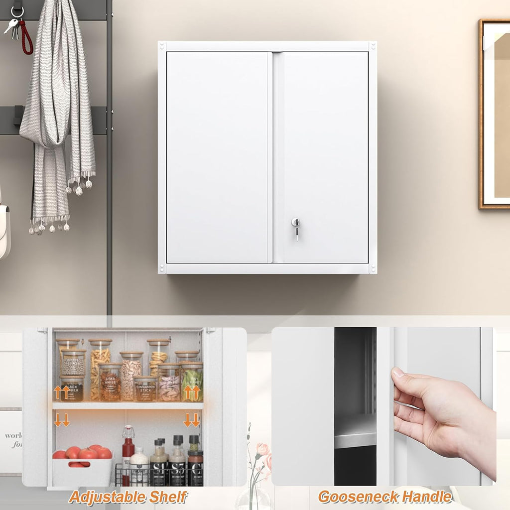 GREATMEET Metal Wall Cabinet, Wall Mounted Cabinet with Doors and Adjustable Shelf, Metal Storage Cabinet with Lock, Wall Cabinet for Garage, Pantry, Utility Room, White