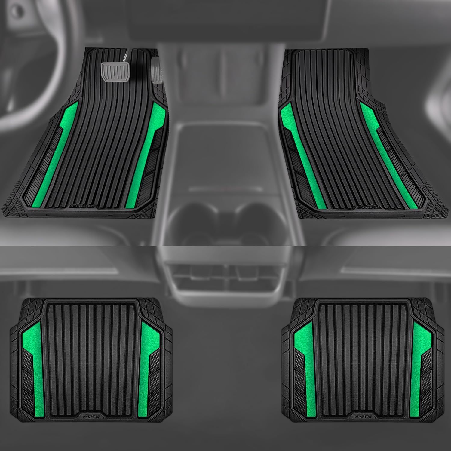 CAR PASS Heavy Duty Rubber Car Mats Metallic,Aluminum Film All Weather Floor Mats Waterproof Universal Trim to Fit SUVs Sedans Vans 4 Piece Anodized Deep Dish Two-Tone Sporty Black Green Chrome