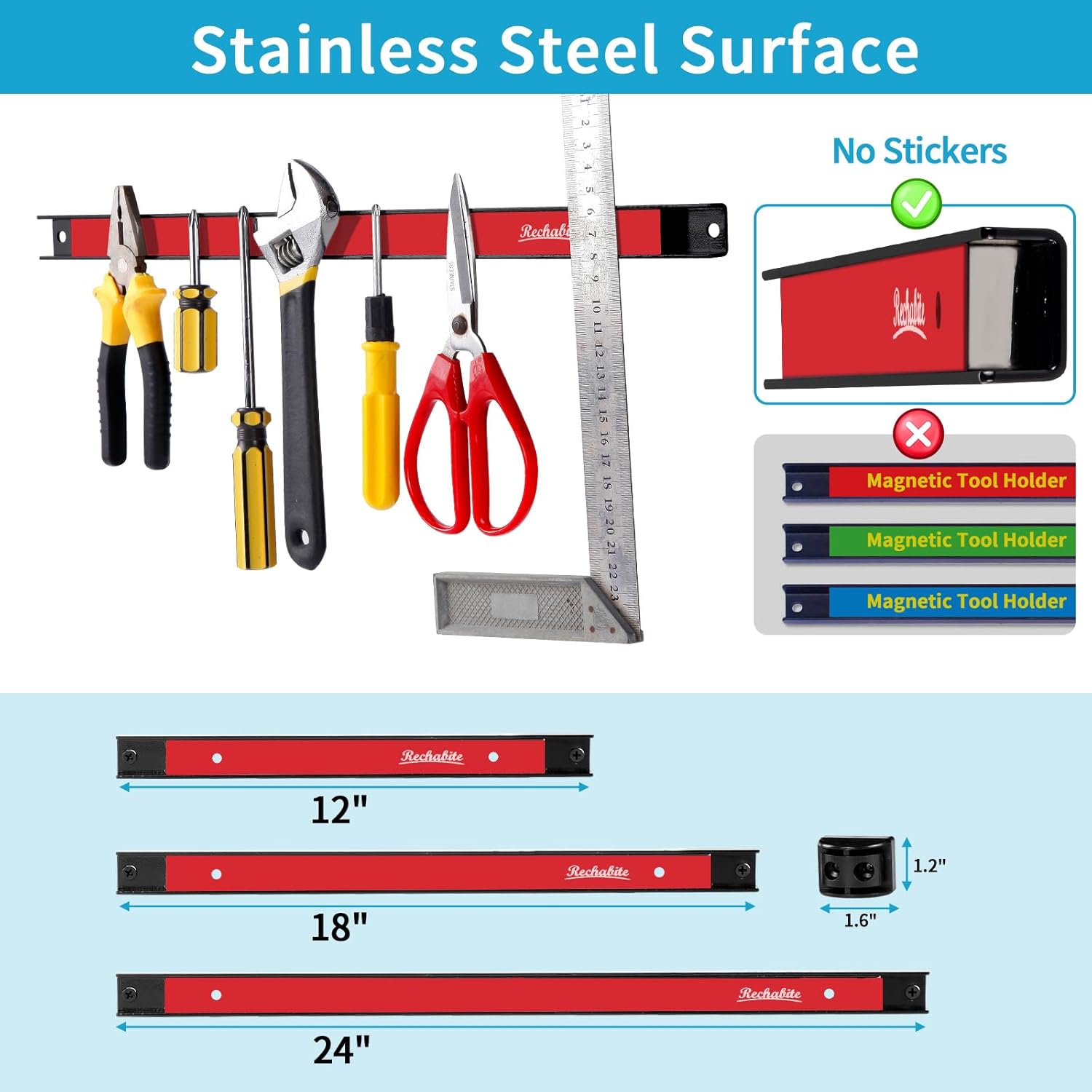 4 Pieces 12" Magnetic Tool Holder Strip, Red Magnet Bar, Metal Tool Organizer Rack for Garage Organization, Easy To Install in Workshop, Mounting Screws Included
