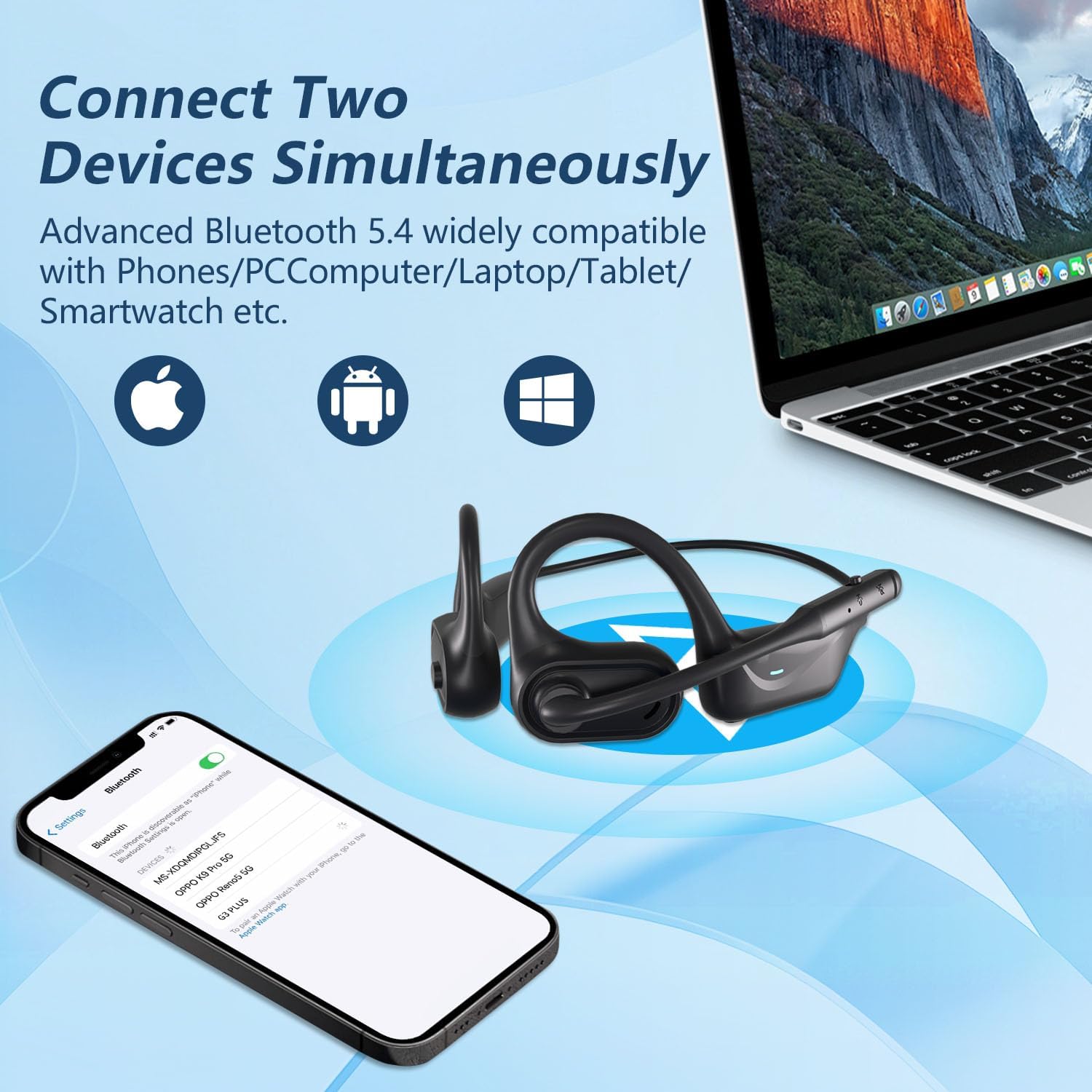 BANIGIPA Bluetooth 5.4 Headset with Microphone, Open Ear Headphones w/Mic, Wireless Earphones Noise Cancelling for HD Calling, Mute Button, Light & Comfortable Headset for Working Office Meeting-15H