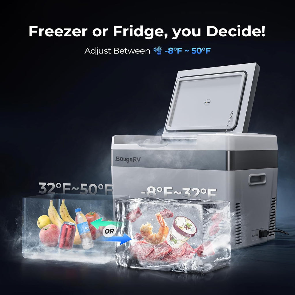 BougeRV 12 Volt Refrigerator 12V Car Fridge 30 Quart Portable Freezer Compressor Cooler -8℉~50℉ Compressor Freezer, 12/24V DC 110~240 Volt AC, for Truck RV SUV