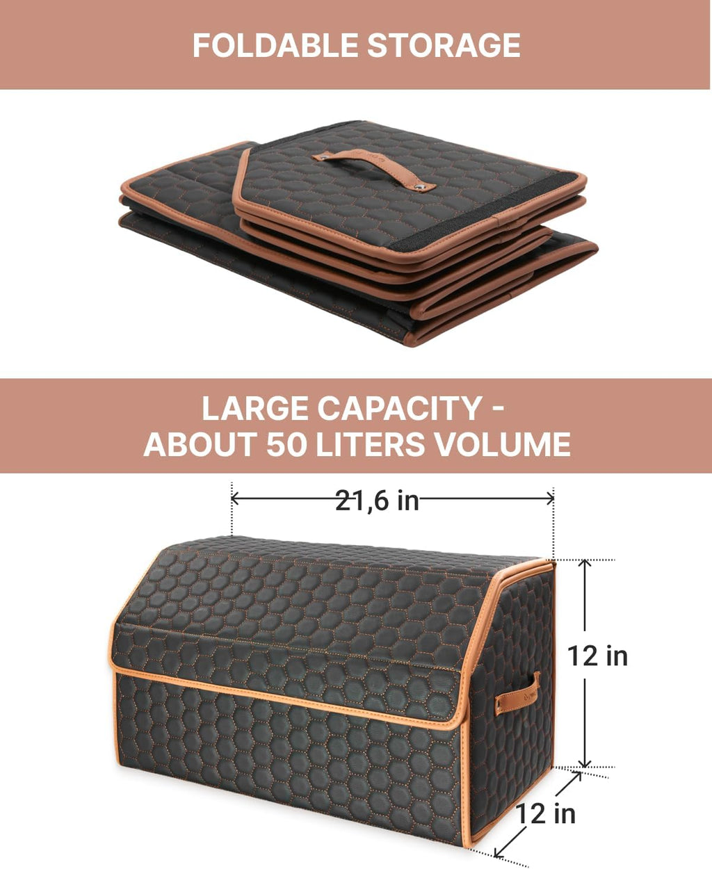 Foldable Trunk Organizer for Car Storage - Collapsible Auto Trunk Organizer With Lid - Trunk Organization (21.6 inch, Hexy)