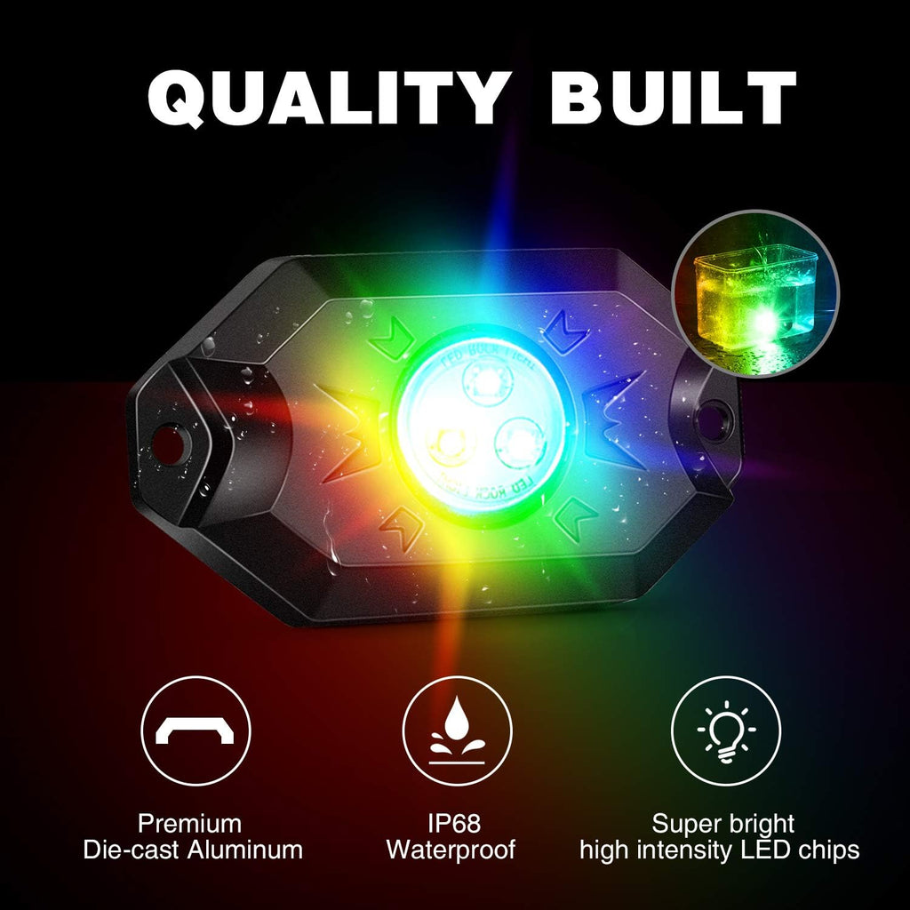 Nilight RGB LED Rock Lights Kit 8 pods Underglow Neon Multicolor with Bluetooth App Control Music Mode IP68 Exterior Wheel Well Party Lamp for ATV UTV Golf Cart Truck Boat RV
