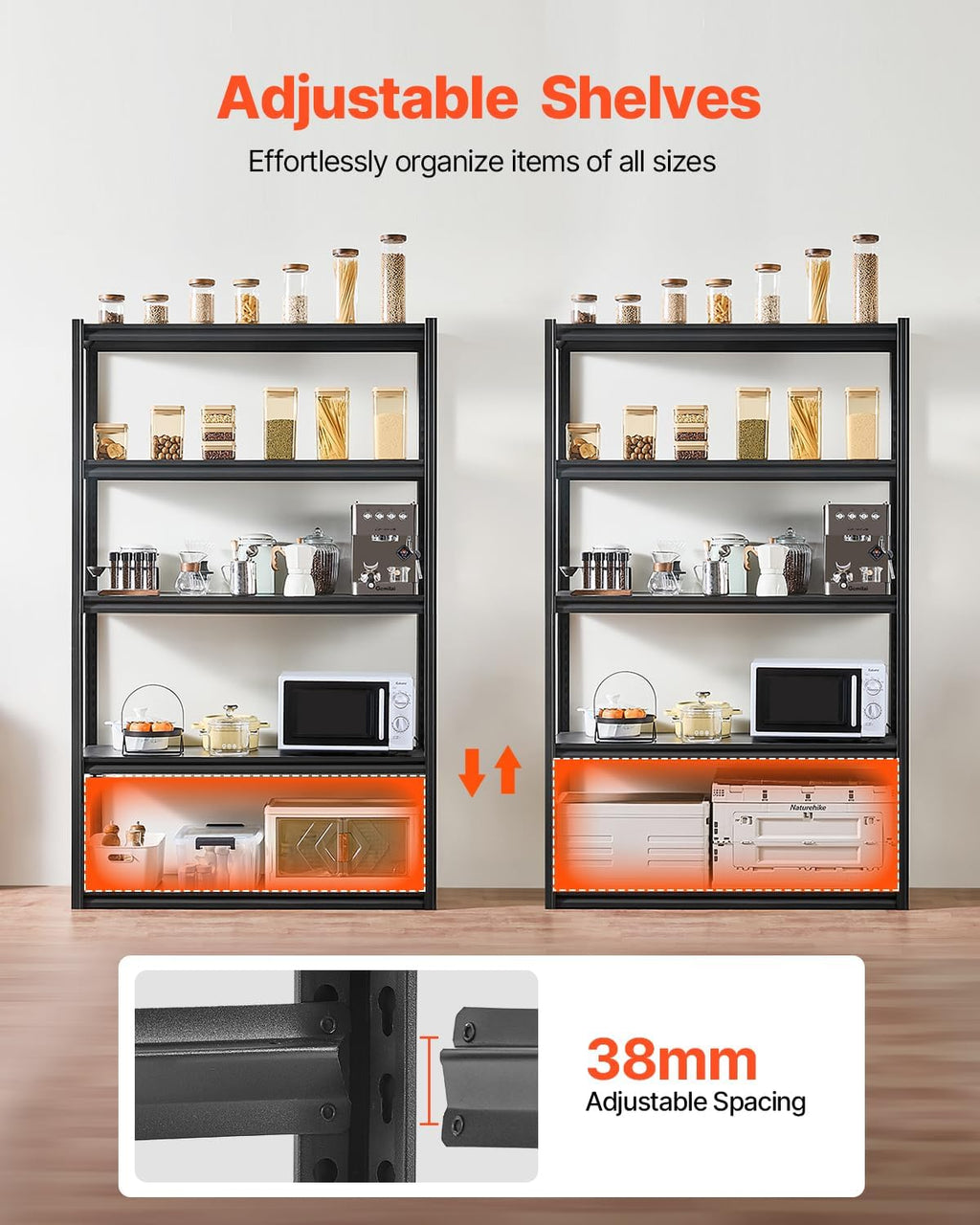 VEVOR Storage Shelves, 3000 lbs, 5 Tier Garage Storage Shelving, 18" D x 48" W x 78" H Adjustable Metal Shelves for Garage Shelves Utility Rack Shelf, Ideal for Kitchen, Warehouse, Basement, Black