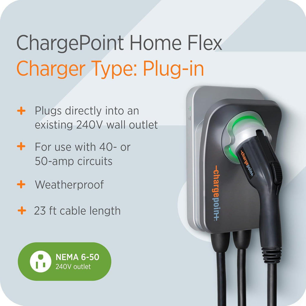 ChargePoint HomeFlex Level 2 EV Charger J1772, NEMA 6-50 Plug for Electric Car - Fast Smart Battery Power Charging at Home for Electric Automobile Vehicles