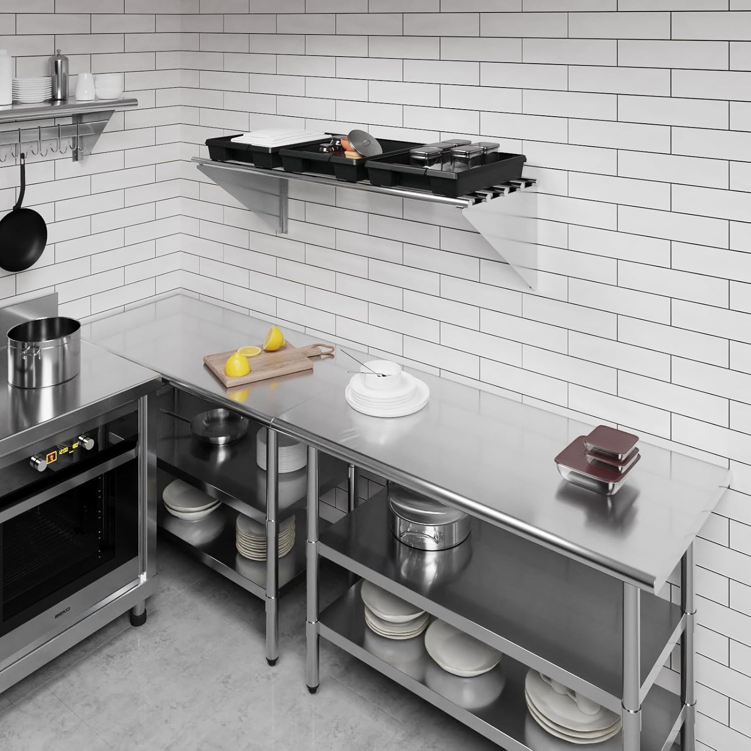 AmGood 18 in. x 48 in. NSF Stainless Steel Tubular Wall Shelf | Heavy-Duty Metal Shelving for Appliances & Equipment | Ideal for Kitchen, Restaurant, Garage, Laundry, Utility Room