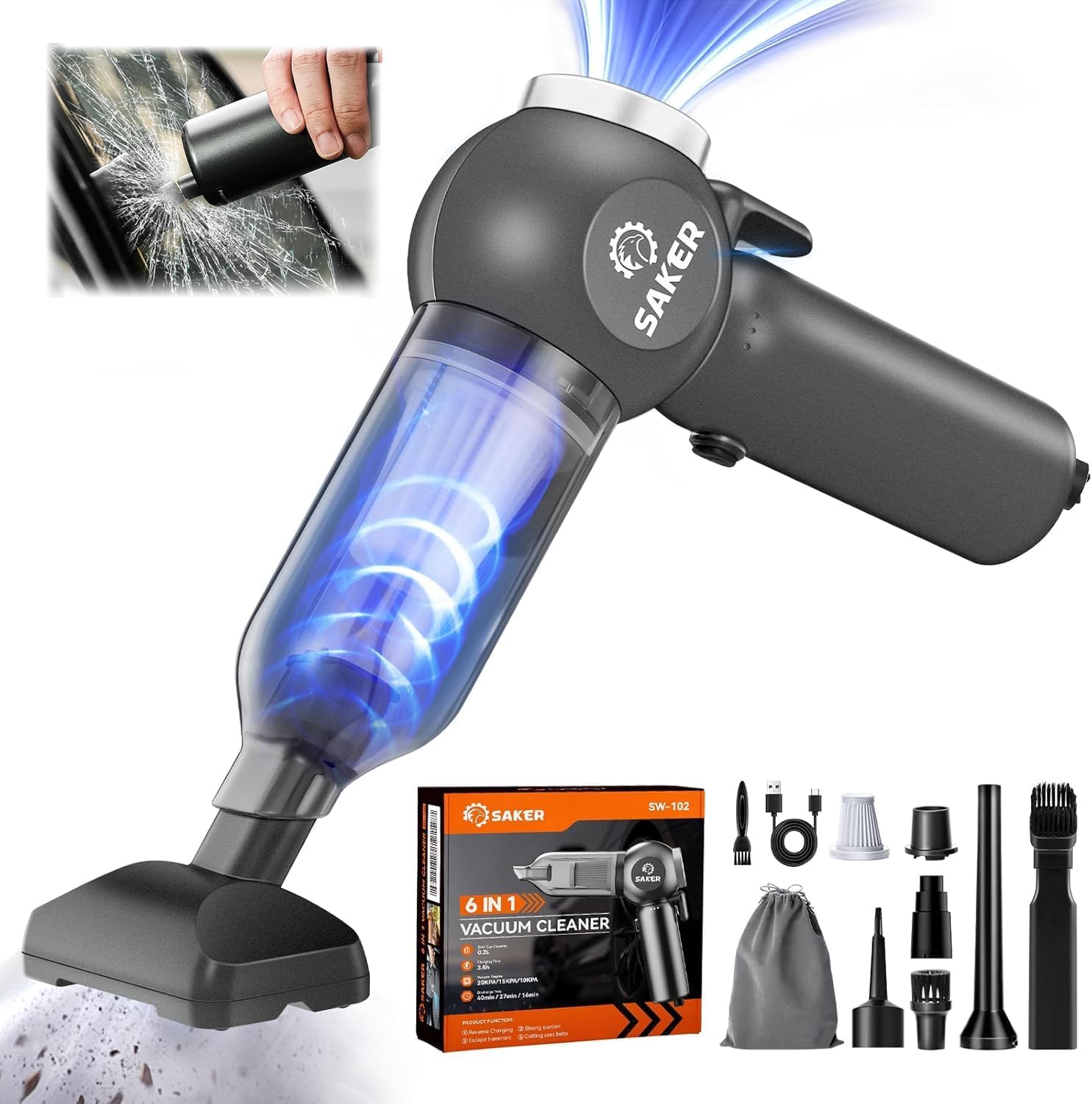 Saker Portable Car Vacuum Cordless 20000Pa 6 in 1 Multifunctional Adjustable Small Handheld Vacuum 7800mAH with Brushless Motor, for Car Home and Office SW-102