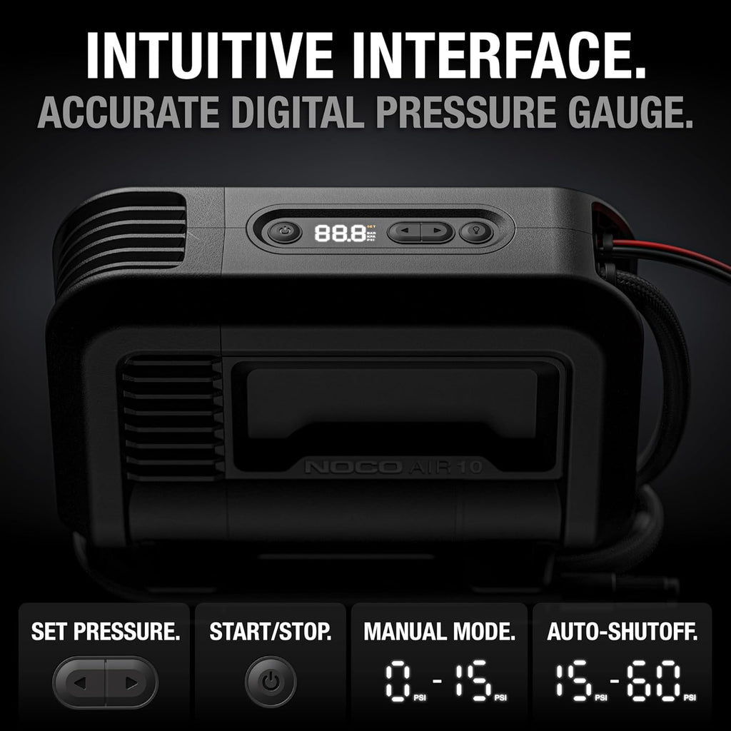 NOCO AIR10: UltraFast 10A Tire Inflator - 12V Portable Air Compressor Pump, 60 PSI Max – 36 SLPM Airflow Inflates 0–40 PSI in 3.8 Minutes – Digital Gauge + Auto-Shutoff