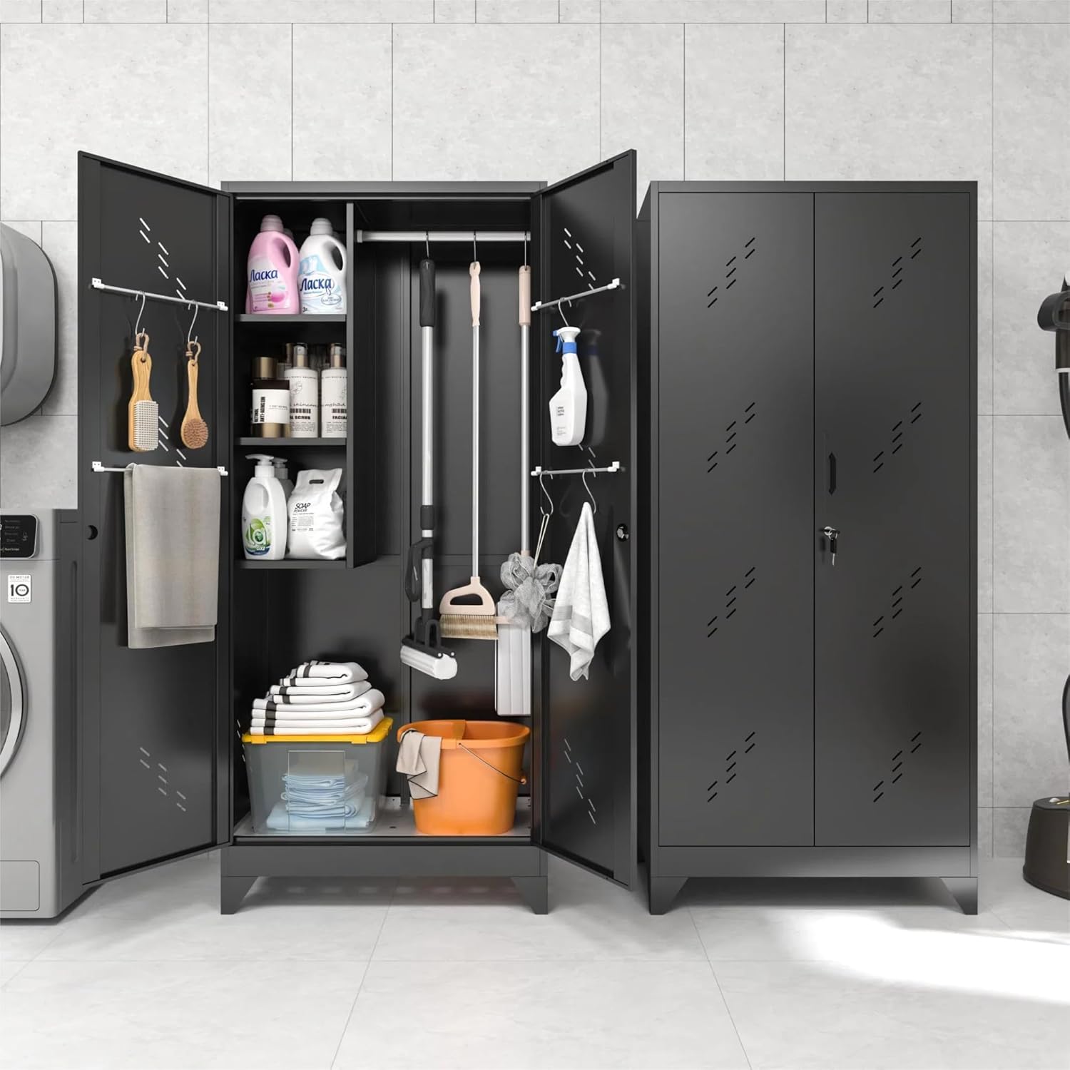 75" Metal Storage Cabinet with Lockable Doors, Functional Garage Storage Cabinet, Tool Chset Garage Organization with Hanging Rod & S-Hooks