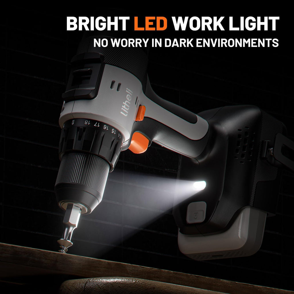 Litheli 20V Cordless Drill Driver Set, Electric Power Drill with 2 Variable Speed Settings, 1/2 Inch Keyless Chuck, 21+1 Clutch Settings with Maximum Torque of 443 In-lbs (Charger not Included)