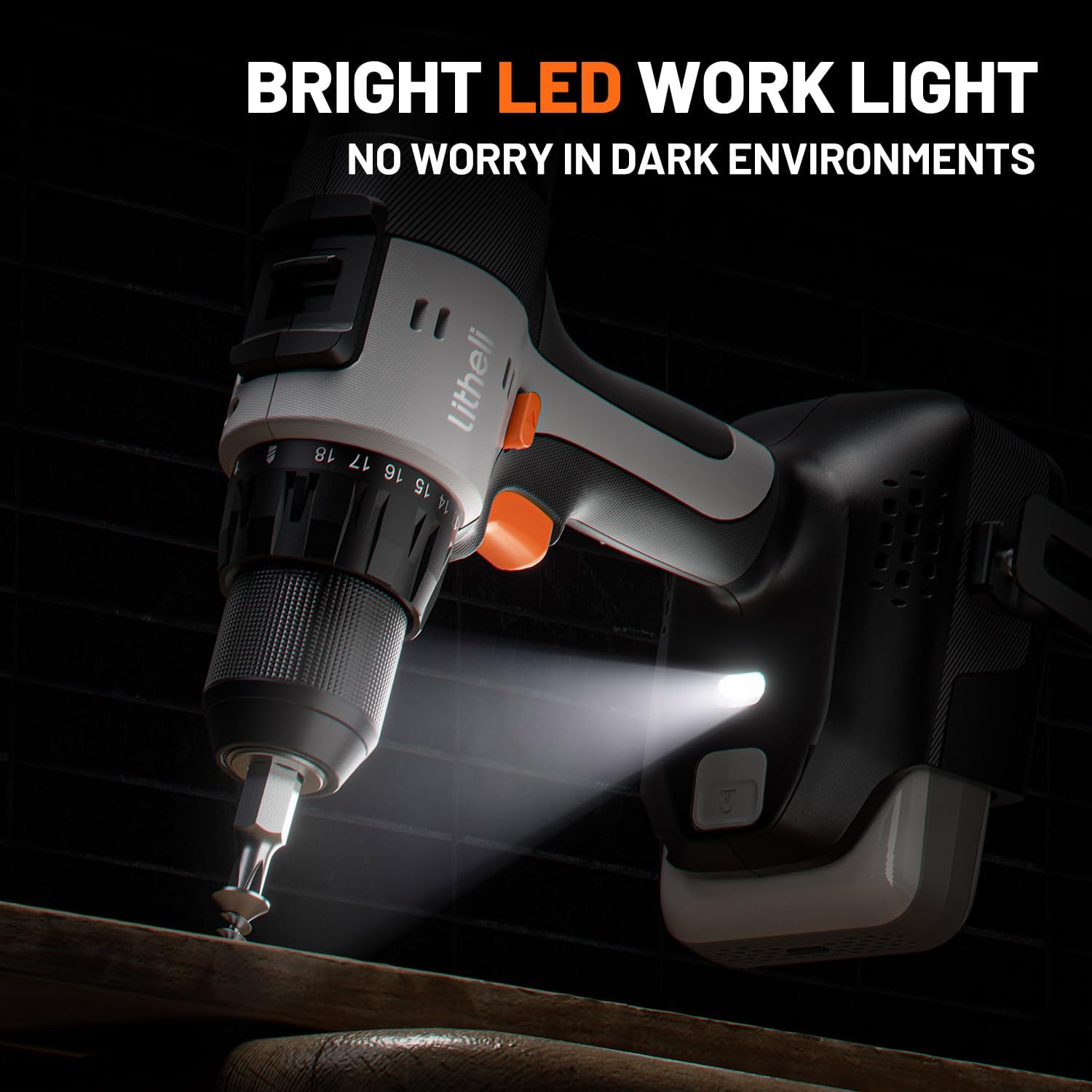 Litheli 20V Cordless Drill Driver Set, Electric Power Drill with 2 Variable Speed Settings, 1/2 Inch Keyless Chuck, 21+1 Clutch Settings with Maximum Torque of 443 In-lbs (Charger not Included)