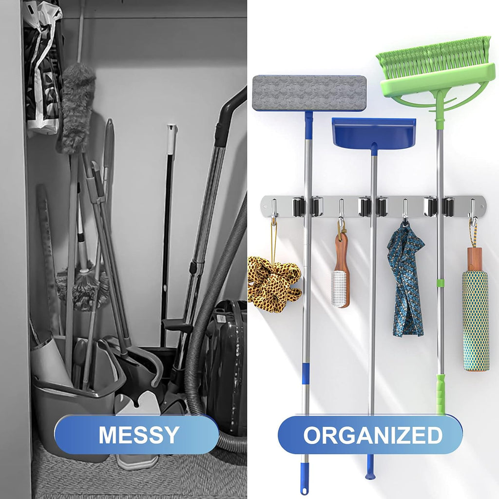 ZONGOOL Mop Broom Holder Wall Mount, Broom Organizer Mop and Broom Storage Tool Racks Stainless Steel Wall Hanger for Home Kitchen Garden Laundry Garage (3 Racks with 4 Hooks, Silver)