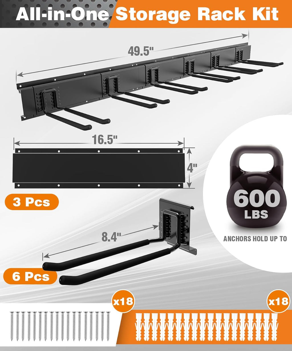 Garage Tool Organizer Wall Mount, 49.5 Inch Garage Organization and Storage Heavy Duty with 3 Packs Rails and 6 Adjustable Hooks, Garden Yard Tool Hanger Rack for Shovel, Max Load 600lbs