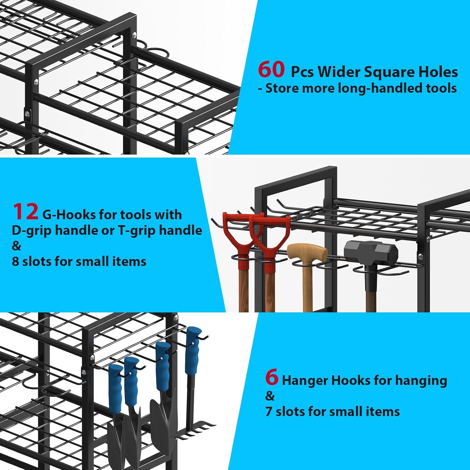 NADAMOO Garden Tool Organizer with Rolling Wheel, 3-tier Metal Shelf Yard Tool Holder, Utility Stand Rack for Garage Organization and Storage, Hold Long-Handled Rakes, Shovel, Broom
