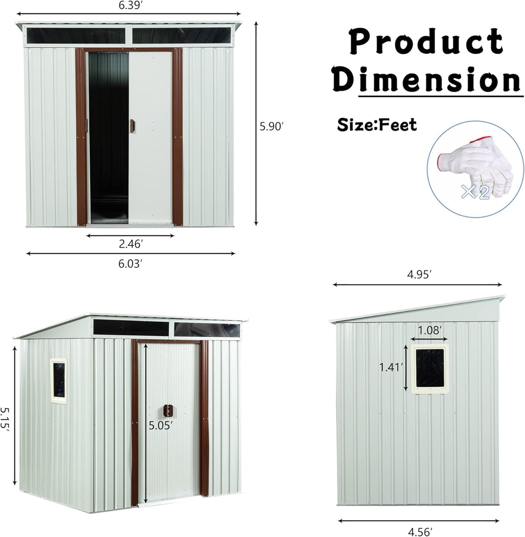 6×5 FT Outdoor Galvanized Metal Storage Shed Large Garden Sheds W/Sliding Doors and Padlock,Rust and Waterproof,with Window and Punched Vents,Tool-Sheds for Backyard,Lawn,White