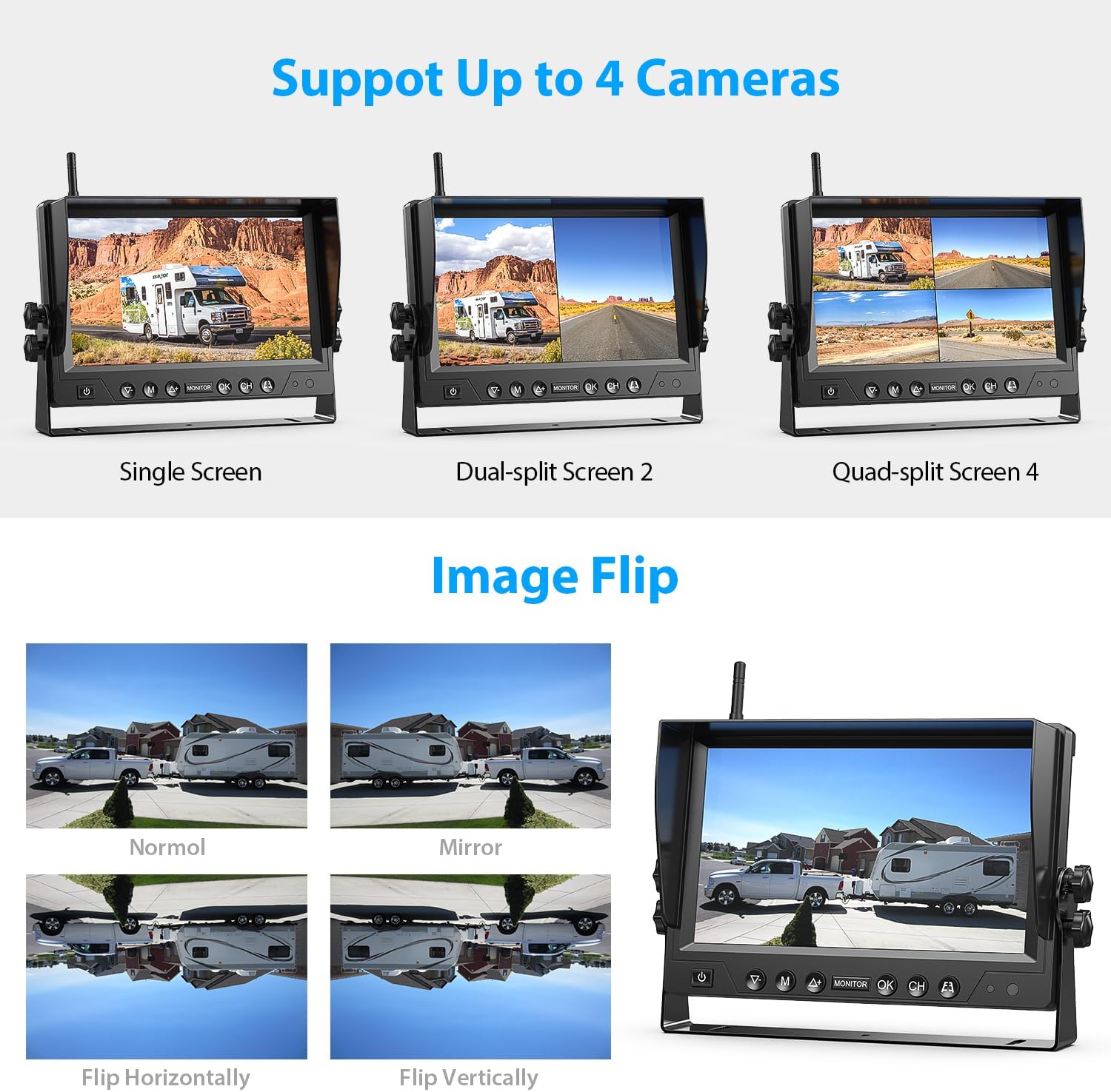 4 Magnetic Solar Wireless Backup Camera HD1080P 9" Loop Recording Monitor, Quad RV Rearview Backup Cameras Wireless System for Trailer RV Trucks, Built-in 9600mAh Solar Battery, BL904