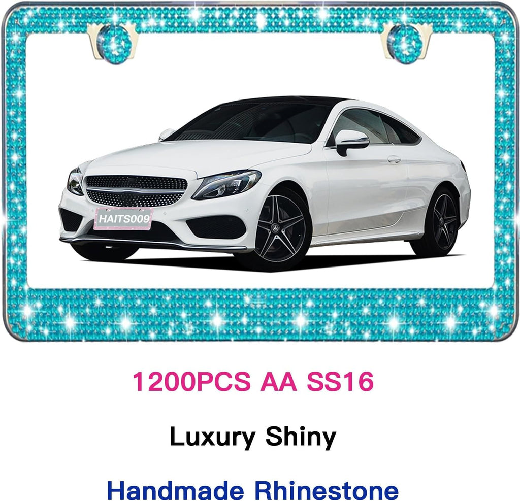2 Pack License Plate Frames for Women, Sparkly Rhinestone Diamond Car Accessories with Glitter Crystal Caps (Blue（2PCS）)