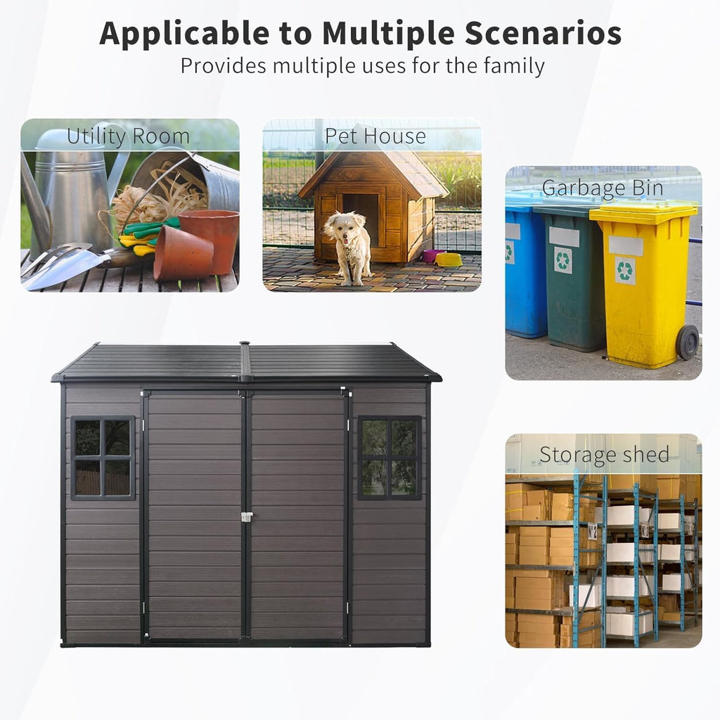 8x6 FT Outdoor Storage Shed, Resin Garden Shed with Thick Floor, Plastic Storage Shed with 2 Windows, Waterproof Outside Tool Shed with Lockable Hinged Doors for Backyard, Patio, Lawn, Brown