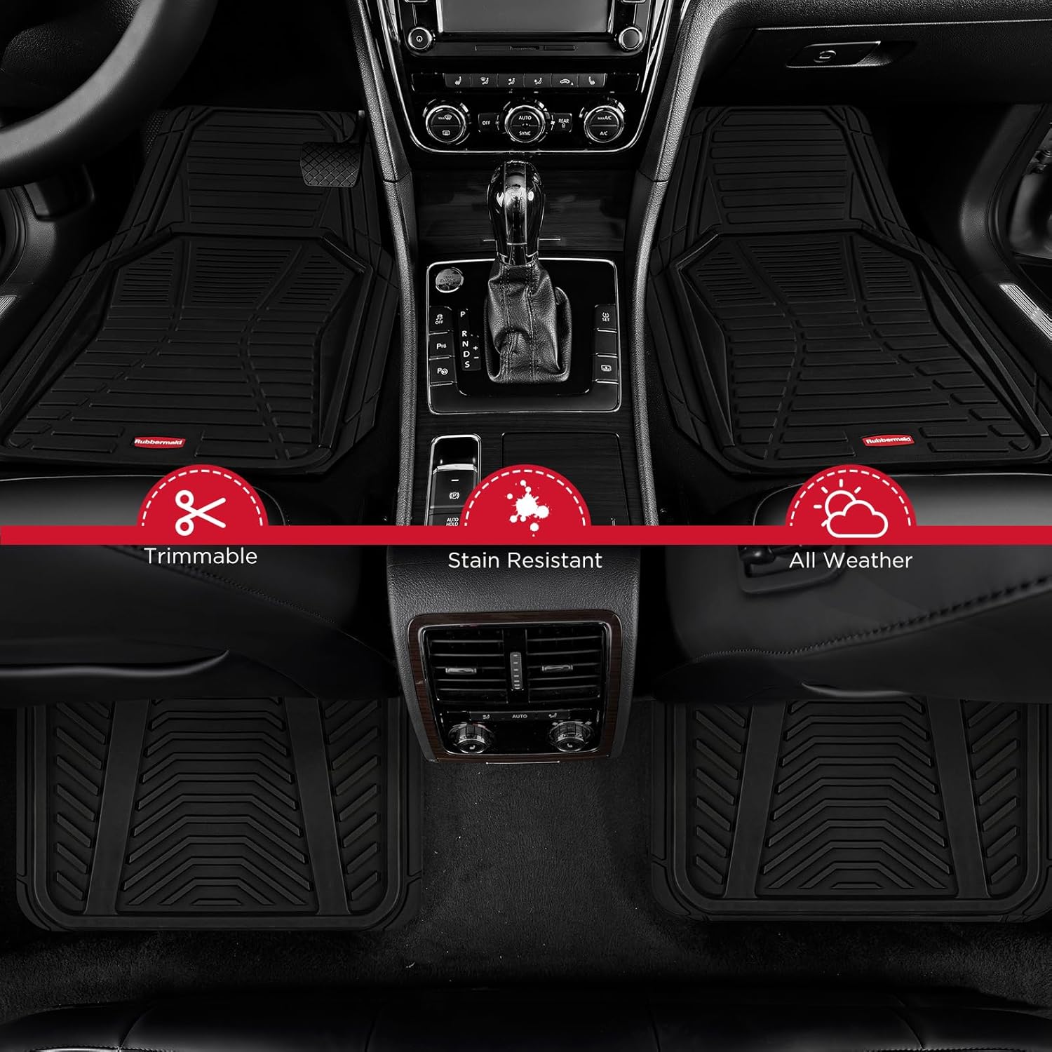 Rubbermaid Car Mat Full Set All-Weather Heavy-Duty 4 Pieces– Trim-to-Fit Universal Car Mats Full Set – Waterproof Rubber Floor Liners for Most Trucks, SUVs, Vans, and Sedans-Black