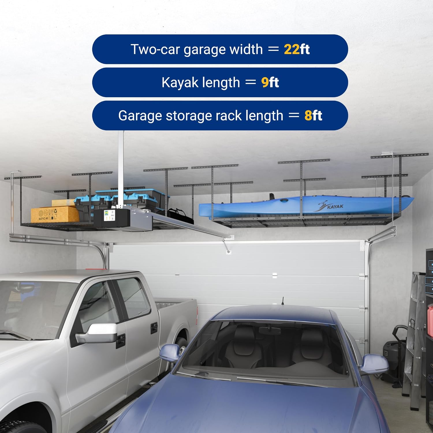 FLEXIMOUNTS 4x8 Overhead Garage Storage Rack, Adjustable Organization System, Heavy-Duty Metal Ceiling Racks, 600lbs Weight Capacity, Hammertone