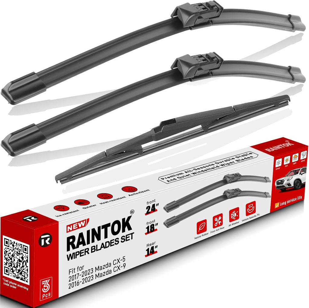 Windshield Wiper Blades Replacement for Mazda CX-5 CX-9 2017 2018 2019 2020 2021 2022 2023 CX5 CX9 Original Factory Quality Front Rear Wipers Blade Set for My Car - 24" 18" 14" (Pack of 3)